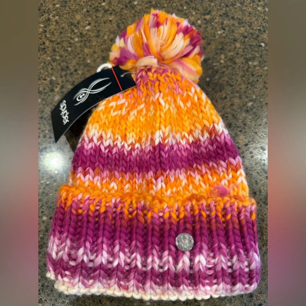NEW Spyder Cute Multicolor Knit Soft Beanie with Pom-Pom - PINK, ORANGE & WHITE